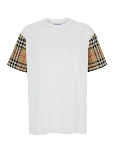 Burberry White T-shirt With Vintage Check Motif On The Sleeves In Cotton Woman