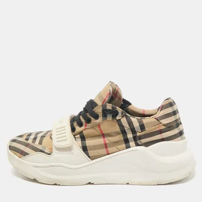 Pre-owned Burberry White/beige Check Canvas And Rubber Regis Chunky Sneakers Size 41