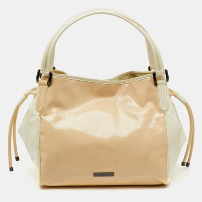 Pre-owned Burberry White/beige Check Patent Leather Bilmore Tote