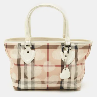 Pre-owned Burberry White/beige House Check Pvc And Patent Leather Open Heart Tote