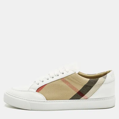 Pre-owned Burberry White/beige Leather And House Check Canvas Salmond Sneakers Size 40