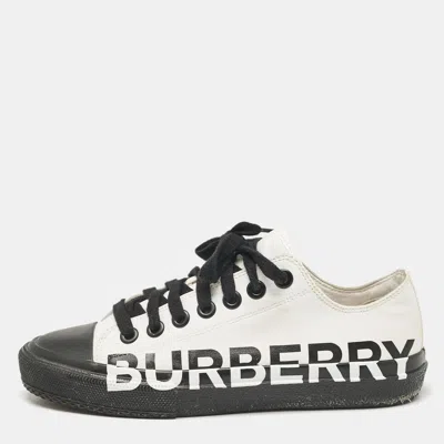 Pre-owned Burberry White/black Fabric Larkhall Logo Low Top Sneakers Size 38