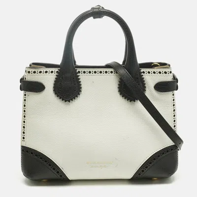 Pre-owned Burberry White/black Leather And House Check Fabric Small Brogues Banner Tote
