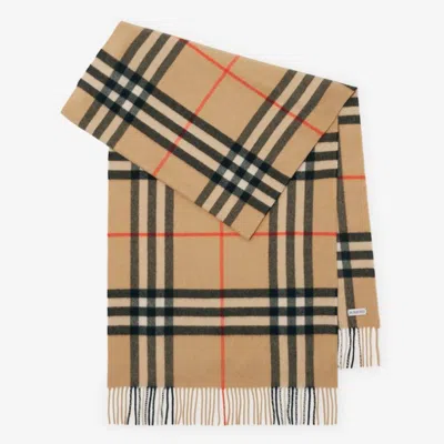 Burberry Wide Check Fringed Cashmere Scarf In Brown