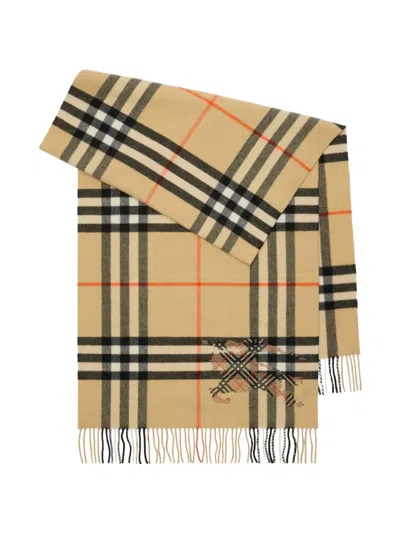 Burberry Womens Sand Check-print Cross-stitch Cashmere Scarf In Brown