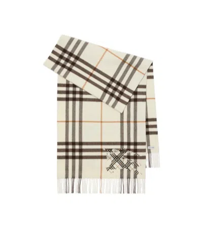 Burberry Wide Cross Stitch Ekd Check Cashmere Scarf In Neutral