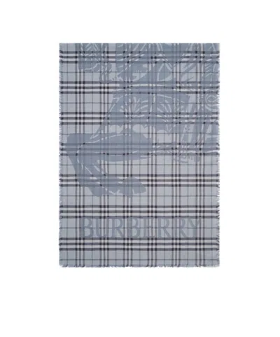 Burberry Wide Ekd Check Wool Silk Scarf In Blue