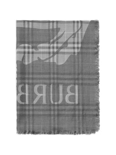 Burberry Wide Ekd Check Wool Silk Scarf In Gray