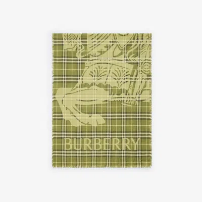 Burberry Wide Ekd Check Wool Silk Scarf In Green