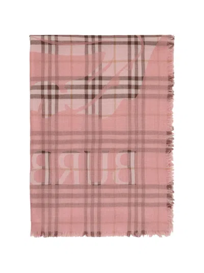 Burberry Wide Ekd Check Wool Silk Scarf In Pink