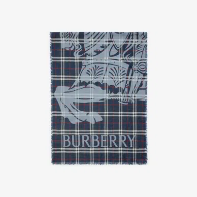 Burberry Wide Knight Check Wool Silk Scarf In Blue