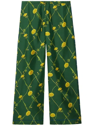 Burberry Wide-leg Pants With Vibrant Floral Print In Green