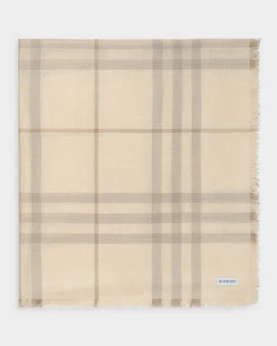 Burberry Wide Reversible Check Wool Silk Scarf In Sesame Beige