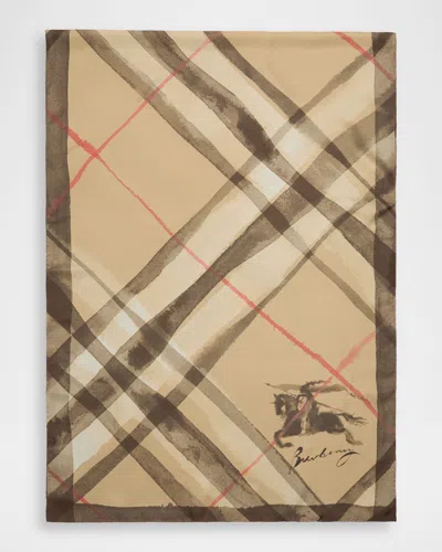 Burberry Wide Watercolor Check Silk Scarf In Sand