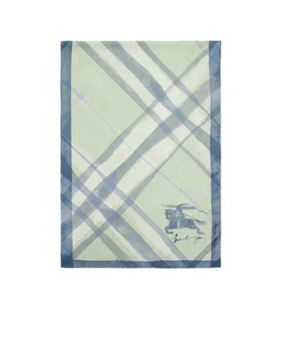 Burberry Wide Watercolour Check Silk Scarf In Green