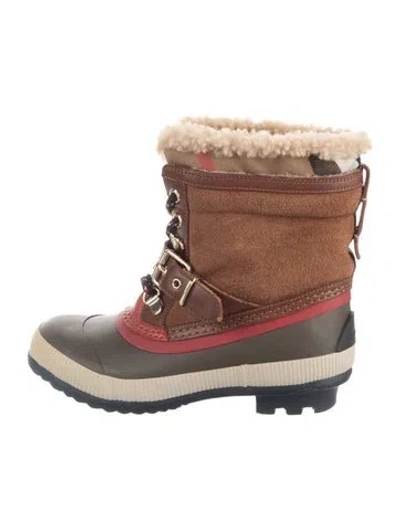 Pre-owned Burberry Babies' Windmere Shearling Boot Khaki With Snap And Lace Closure In Brown