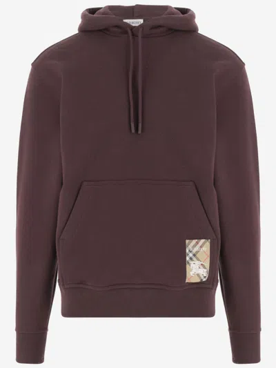 Burberry Wine Red Check Label Cotton Hoodie In Burgundy