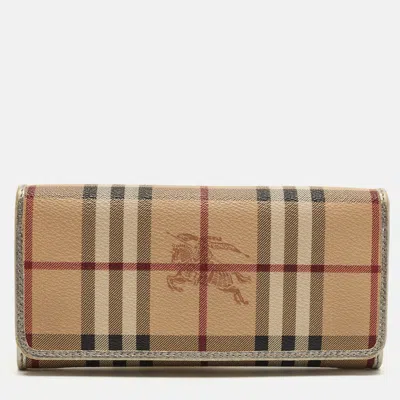 Pre-owned Burberry Winsley Beige/silver Haymarket Coated Canvas And Leather Continental Wallet In Sand