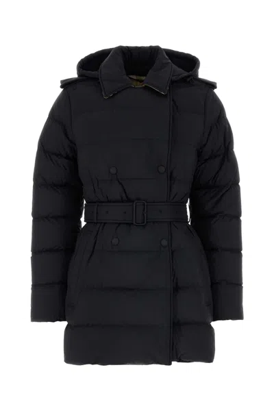 Burberry Hooded Nylon Down Coat Belted Double Breasted In Blue