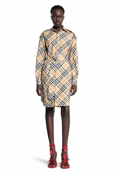 Burberry Vestito Camicia In Cotone A Quadri In Beige