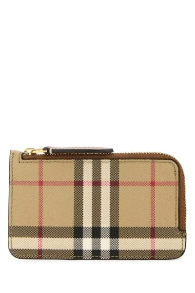 Burberry Mini Leather Wallet With Iconic Check Pattern And Zip Closure In Brown