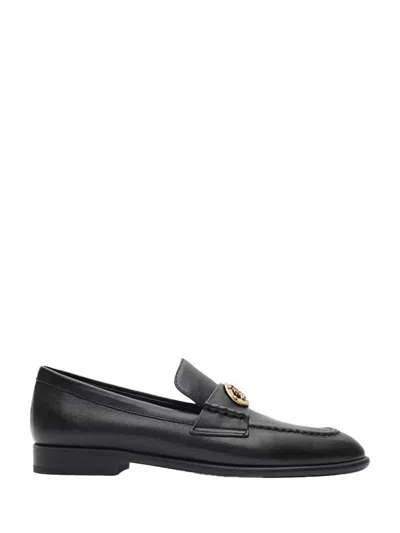 Burberry Leather Loafers Gold Tone Emblem Slip On In Black