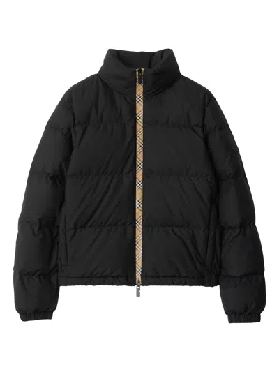 Burberry Zip Up Puffer Jacket Featuring Check Detail In Black