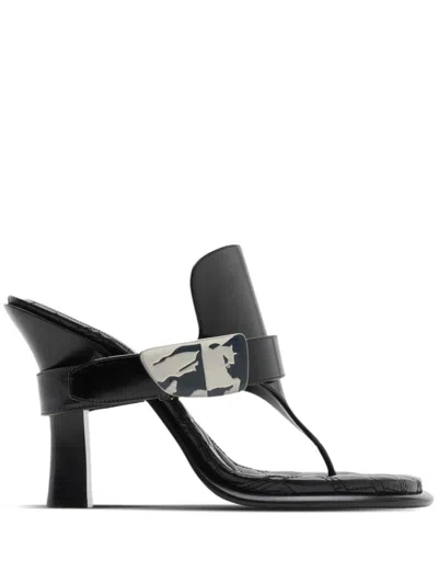 Burberry Black Leather Bay Heeled Sandals In Blue