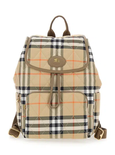 Burberry Women Beige Backpack With All-over Check Motif And Knight Logo On The Front In Tech Fabric  In Multi
