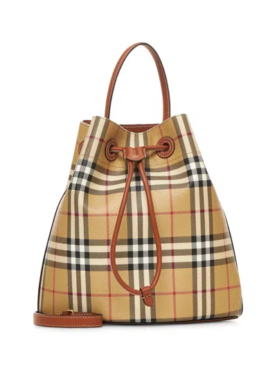 Burberry Women Beige Check Small Bucket Bag