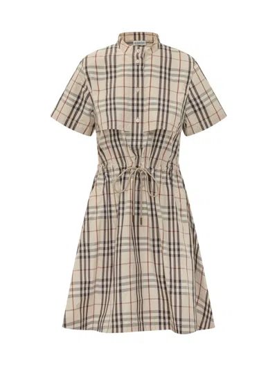 Burberry Beige Checks Band Collar Midi Dress In Animal Print