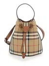 Burberry Women Beige Handbag With Drawstring Closure And All-over Check Motif In Canvas Woman In Multi