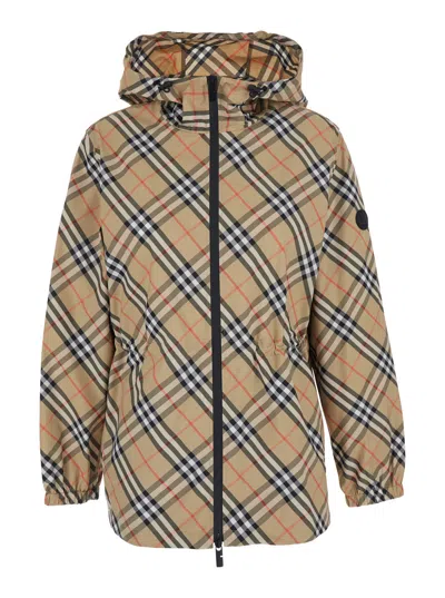 Burberry Women Beige Jacket With Ekd Logo Embroidery On The Sleeve And All-over Check Motif In Tech In Brown