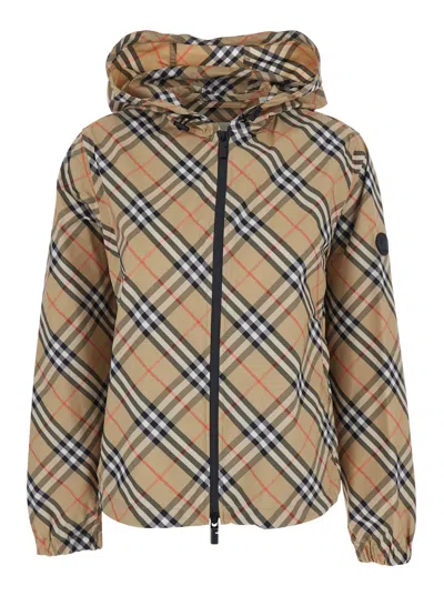 Burberry Women Beige Jacket With Ekd Logo Embroidery On The Sleeve And All-over Check Motif In Tech  In Multi