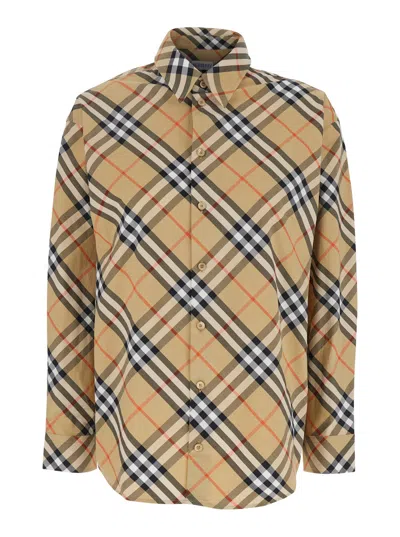 Burberry Women Beige Shirt With Classic Collar And All-over Check Motif In Cotton Woman In Brown