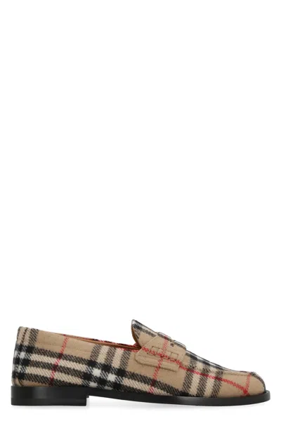 Burberry Beige Wool Loafers With Check Motif And Almond Shaped Toe For Women In Tan