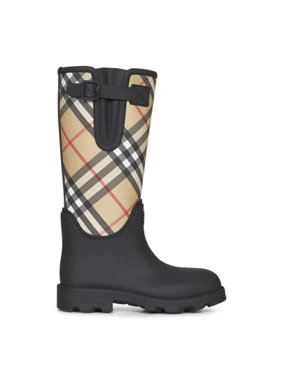 Burberry Women Black Rubber Marsh Stamp High Rain Boots In Multi