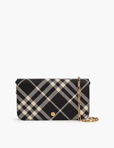 Burberry Check Fold-over Coated-canvas Wallet-on-chain In Blackcalico