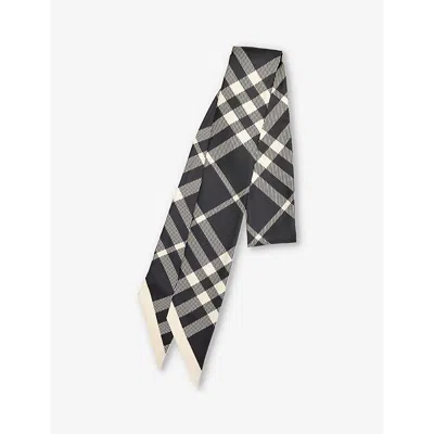 Burberry Womens  Checked Contrast-trim Silk Scarf In Black/calico Ip Chk