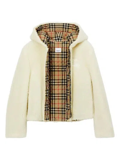 Pre-owned Burberry Women's  Austrel Logoembroidered Shearling Hooded Jacket In Frosted Vanilla In White