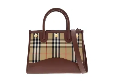 Pre-owned Burberry Women's  Baby Title Check Tote Bag In Tan In Brown