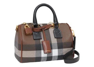 Pre-owned Burberry Women's  Check And Leather Bowling Bag Mini In Dark Birch Brown