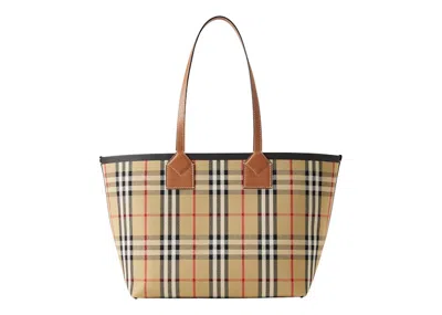 Pre-owned Burberry Women's  Check Cotton Small London Tote Bag In Briar Brown/black