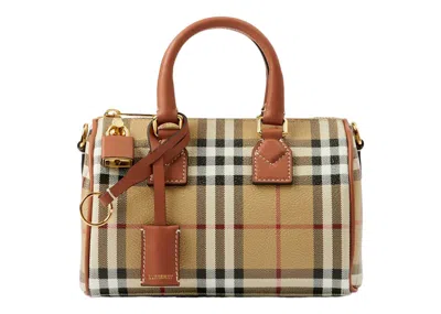 Pre-owned Burberry Women's  Check Mini Bowling Bag In Archive Beige/briar Brown