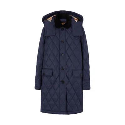 Pre-owned Burberry Women's  Detachable Hoodie Diamond Quilted Coat In Navy Blue