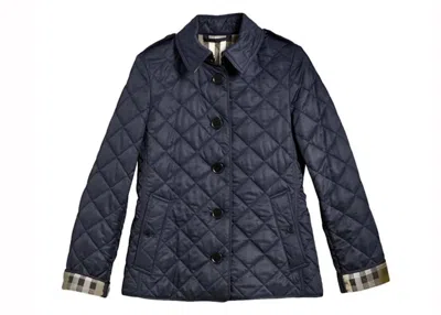 Pre-owned Burberry Women's  Diamond Quilted Jacket In Navy Blue Check