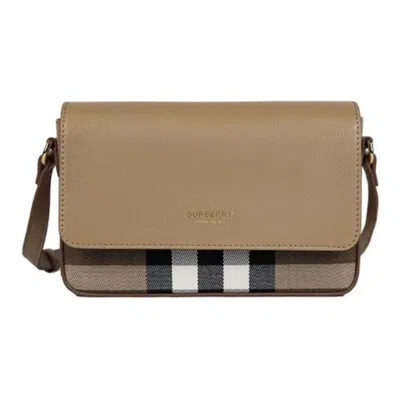 Pre-owned Burberry Women's  Hampshire Check Canvas Leather Crossbody In Beige
