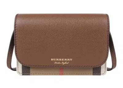 Pre-owned Burberry Women's  Hampshire Horse Check Canvas Derby Leather Crossbody Bag In Tan