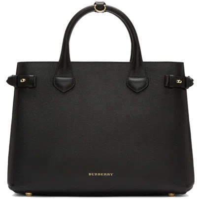 Pre-owned Burberry Women's  House Check Banner Medium Tote Bag In Black