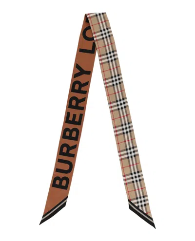 Pre-owned Burberry Women's  House Check Patterned Silk Scarf In Beige